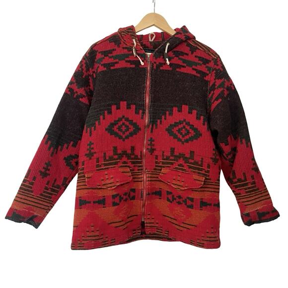 VTG Woolrich Womens Aztec Wool Hooded Jacket Size L Red Tribal Native USA 90s - Picture 3 of 16
